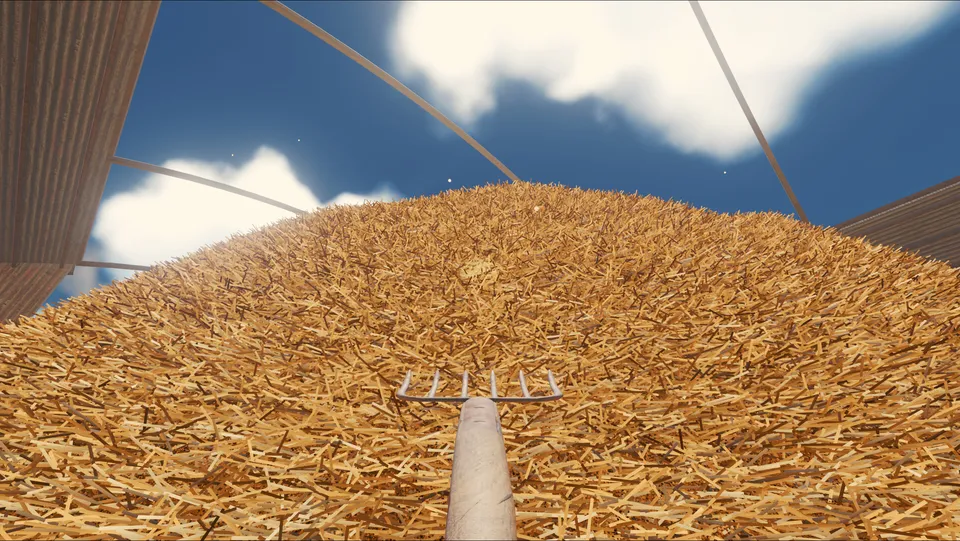 First-person view with a pitchfork beside the hay pile